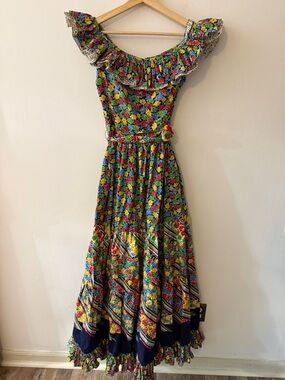 vintage 1970-1980s Victor Costa Multicolor Floral Maxi Dress with Navy Accents
